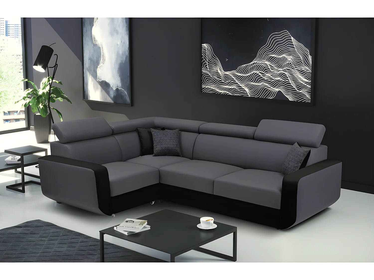 Canapé d'angle convertible et réversible EMPERO N gris et noir