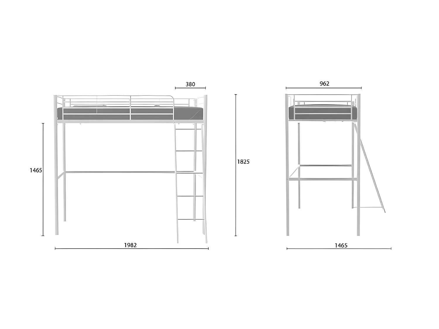 Lit mezzanine ELIOT 90 x 190 cm - Métal - Sommier inclus - Blanc