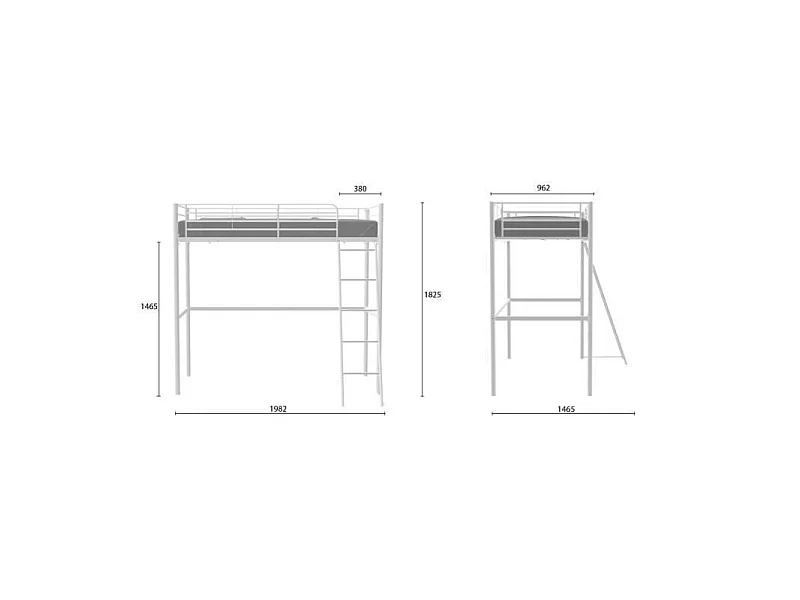 Lit mezzanine AUCUNE ELIOT 90 x 190 sommier inclus métal époxy blanc