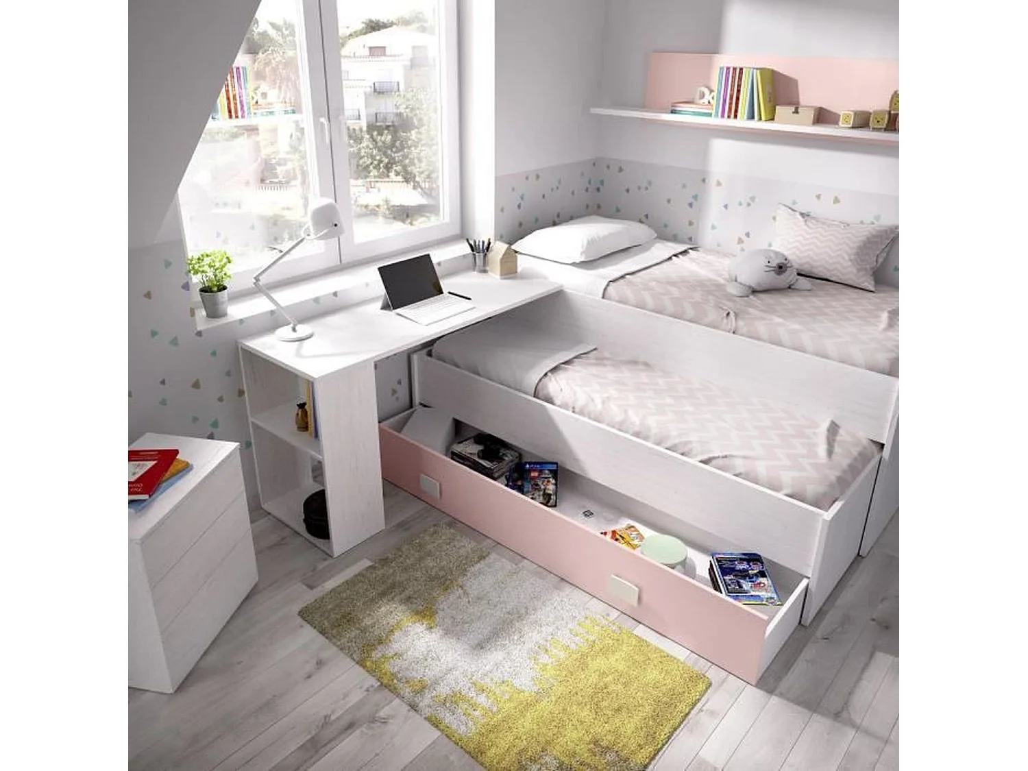 Kinder-Etagenbett mit Stauraumschublade - Weißes Eichenholz/Rosa - 2 x 90 x 190 cm