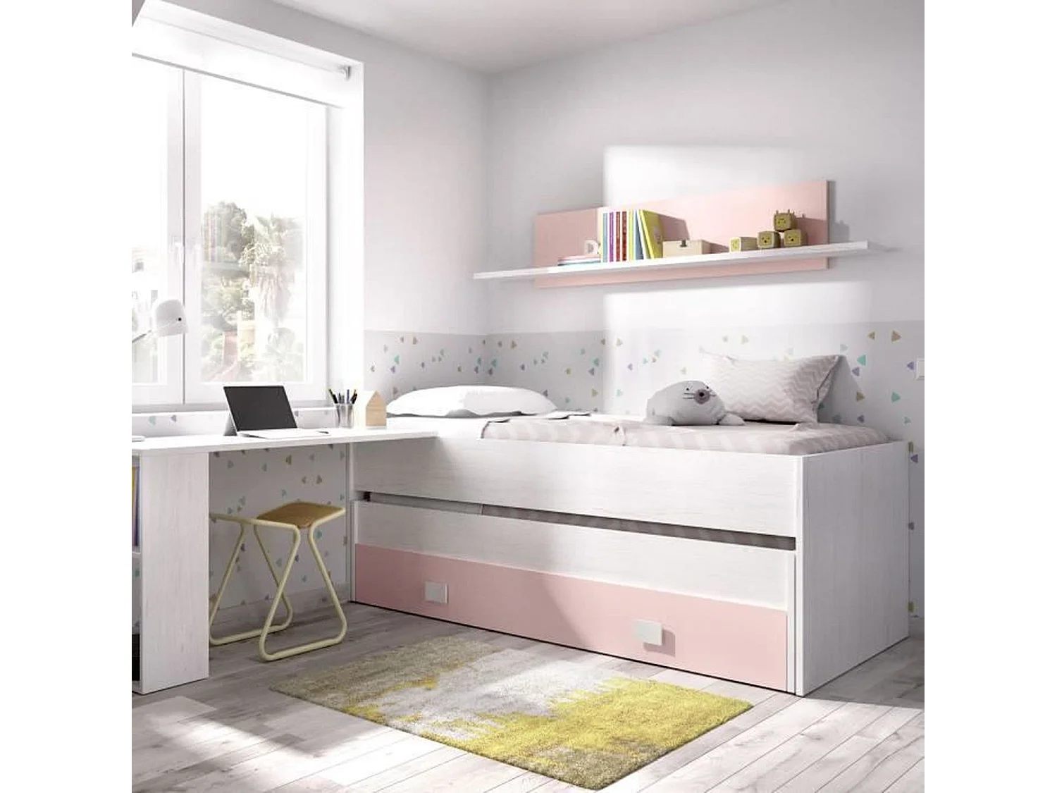 Kinder-Etagenbett mit Stauraumschublade - Weißes Eichenholz/Rosa - 2 x 90 x 190 cm