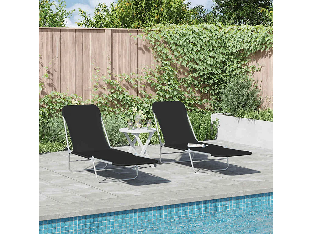 Chaises longues pliables lot de 2 Acier et tissu Noir
