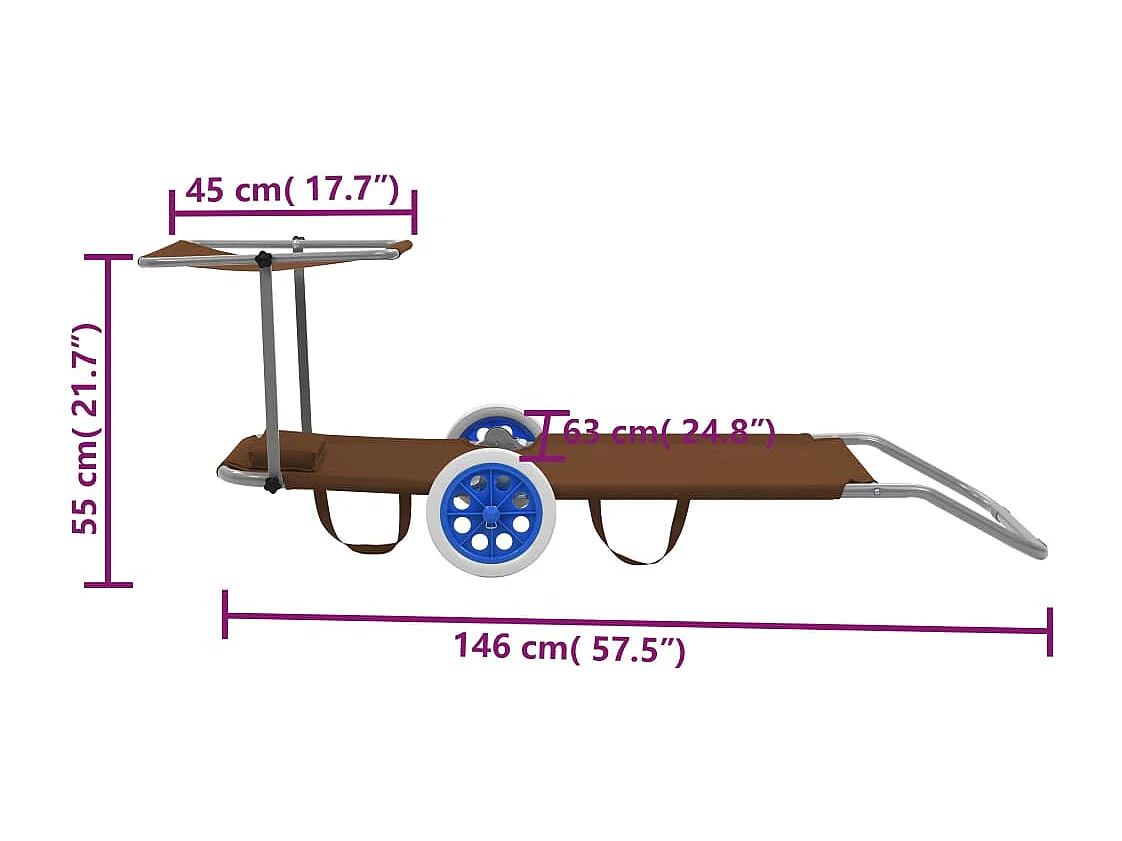 Espreguiçadeira dobrável c/ toldo e rodas aço cinza-acastanhado