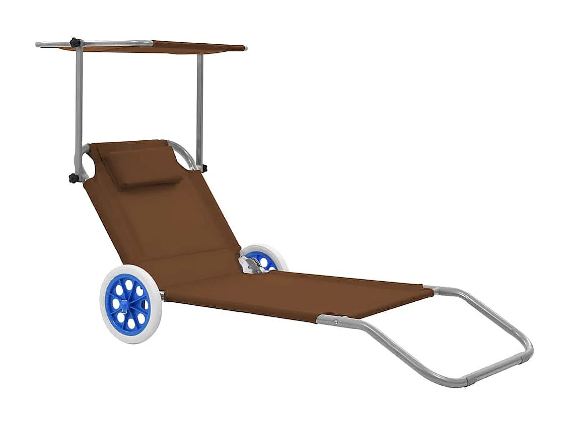Chaise longue pliable avec auvent et roues Acier Taupe