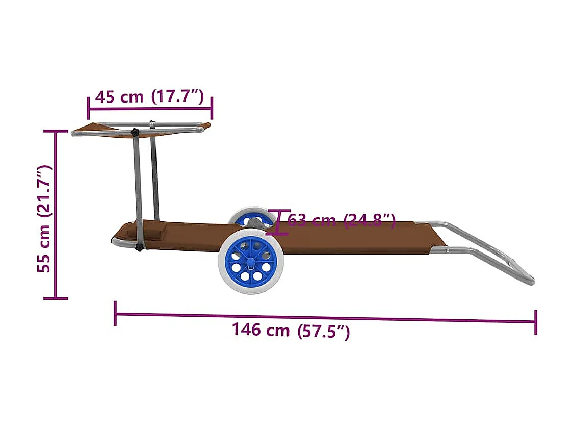 Chaise longue pliable avec auvent et roues Acier Taupe