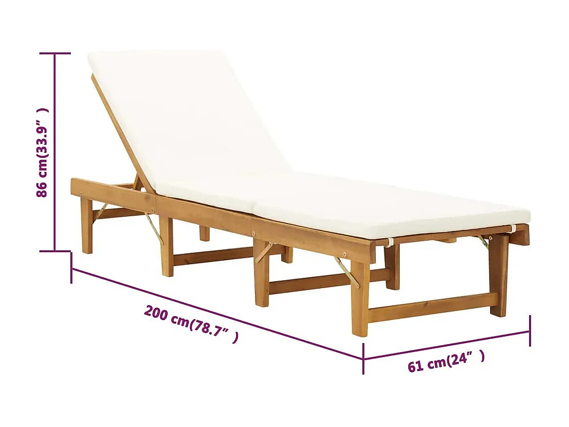 Chaise longue pliable coussin Bois massif d'acacia Blanc crème