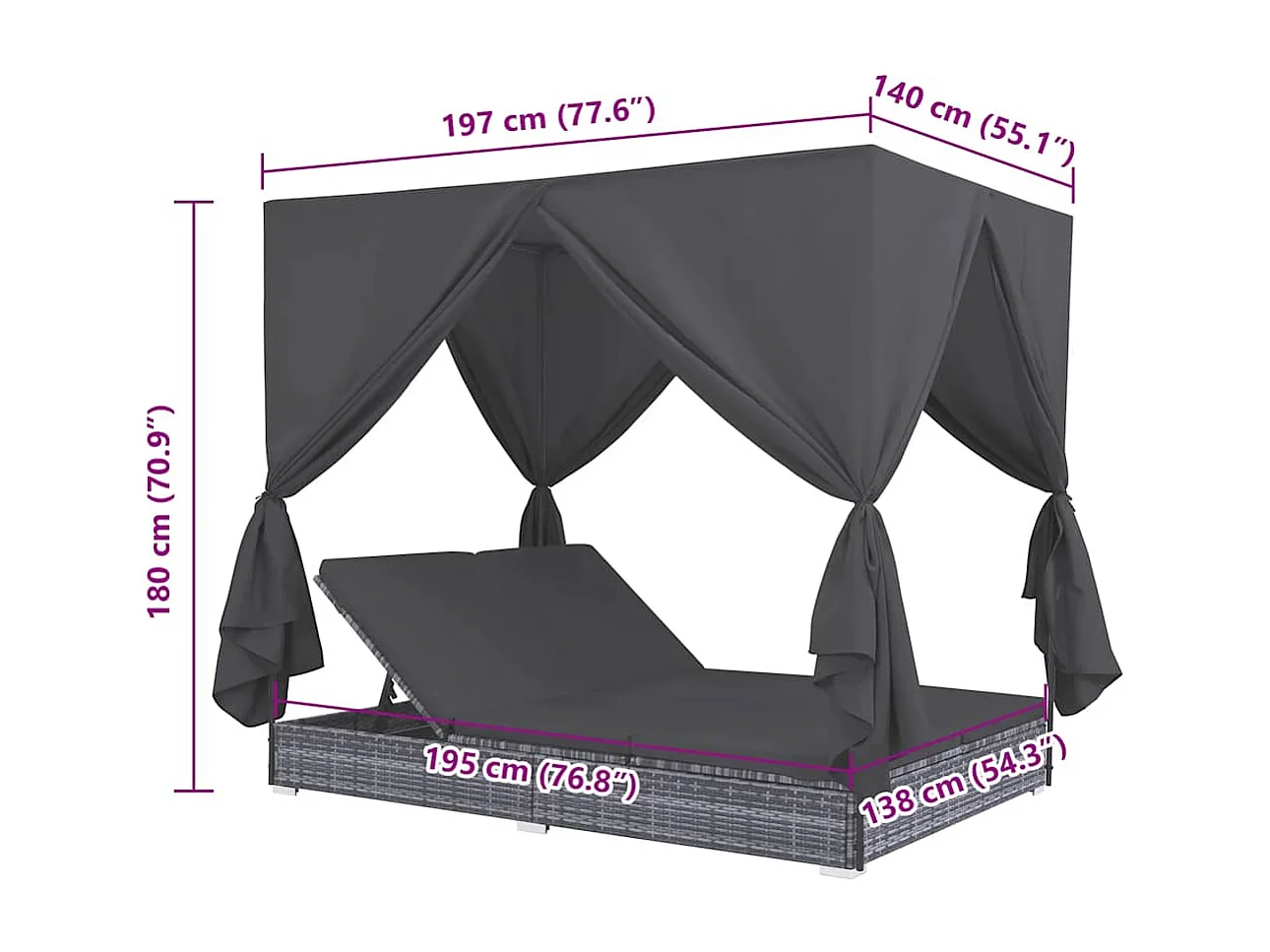 Outdoor-Lounge-Bett mit Vorhängen Poly Rattan Grau