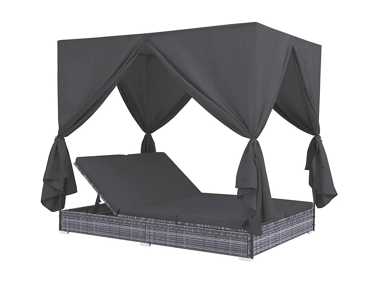 Chaise longue d'extérieur avec rideaux Résine tressée Gris