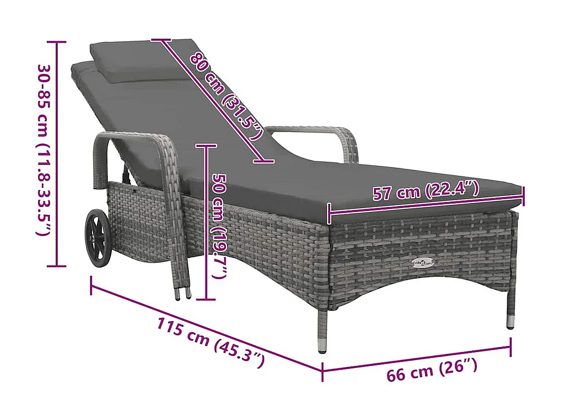 Ligbed met wielen poly rattan antraciet