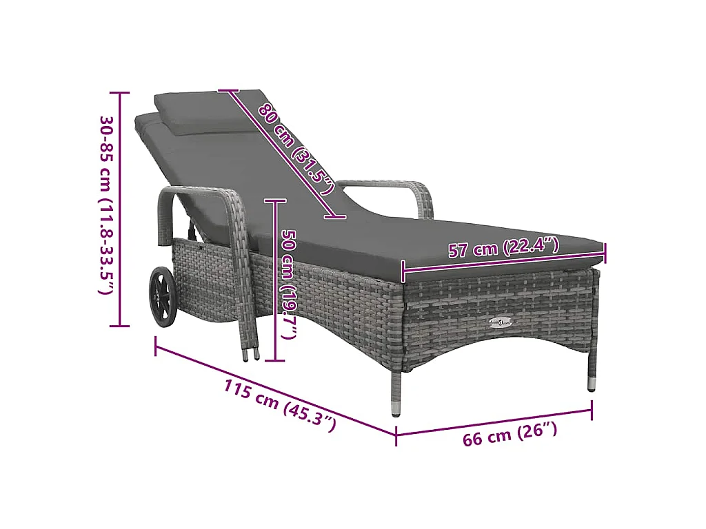Ligbed met wielen poly rattan antraciet