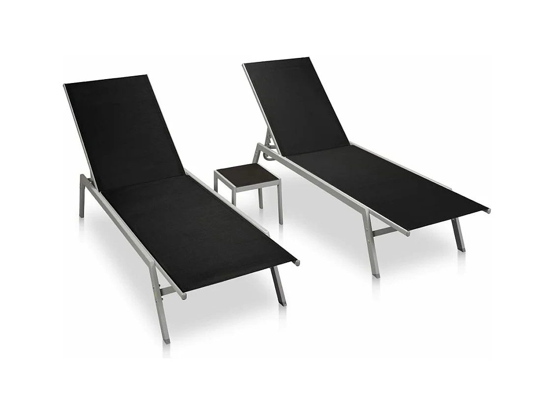 Chaises longues lot de 2 avec table acier et textilène noir