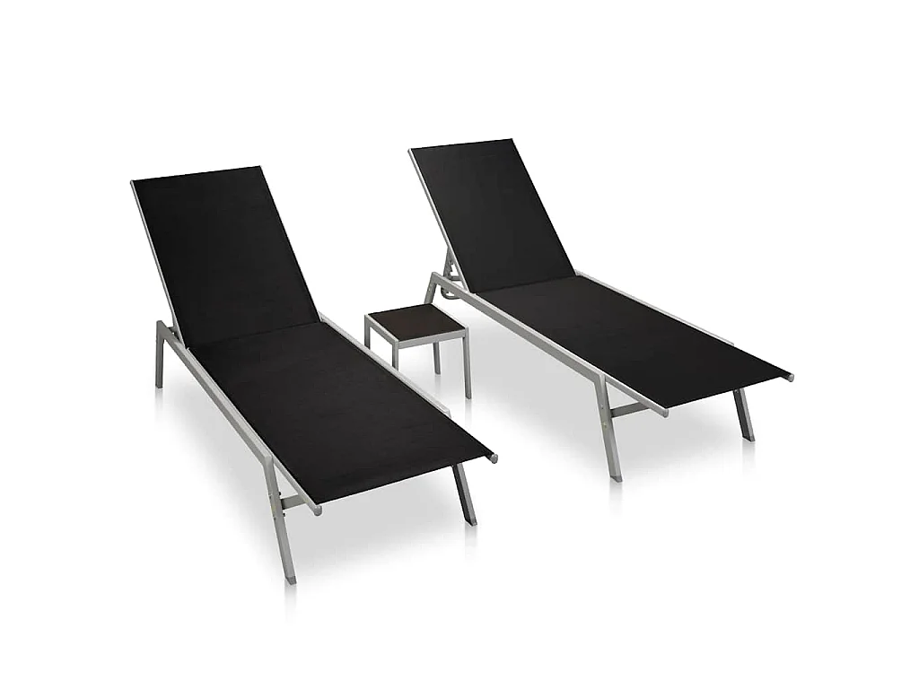 Sonnenliegen 2 Stk. mit Tisch Stahl und Textilene Schwarz