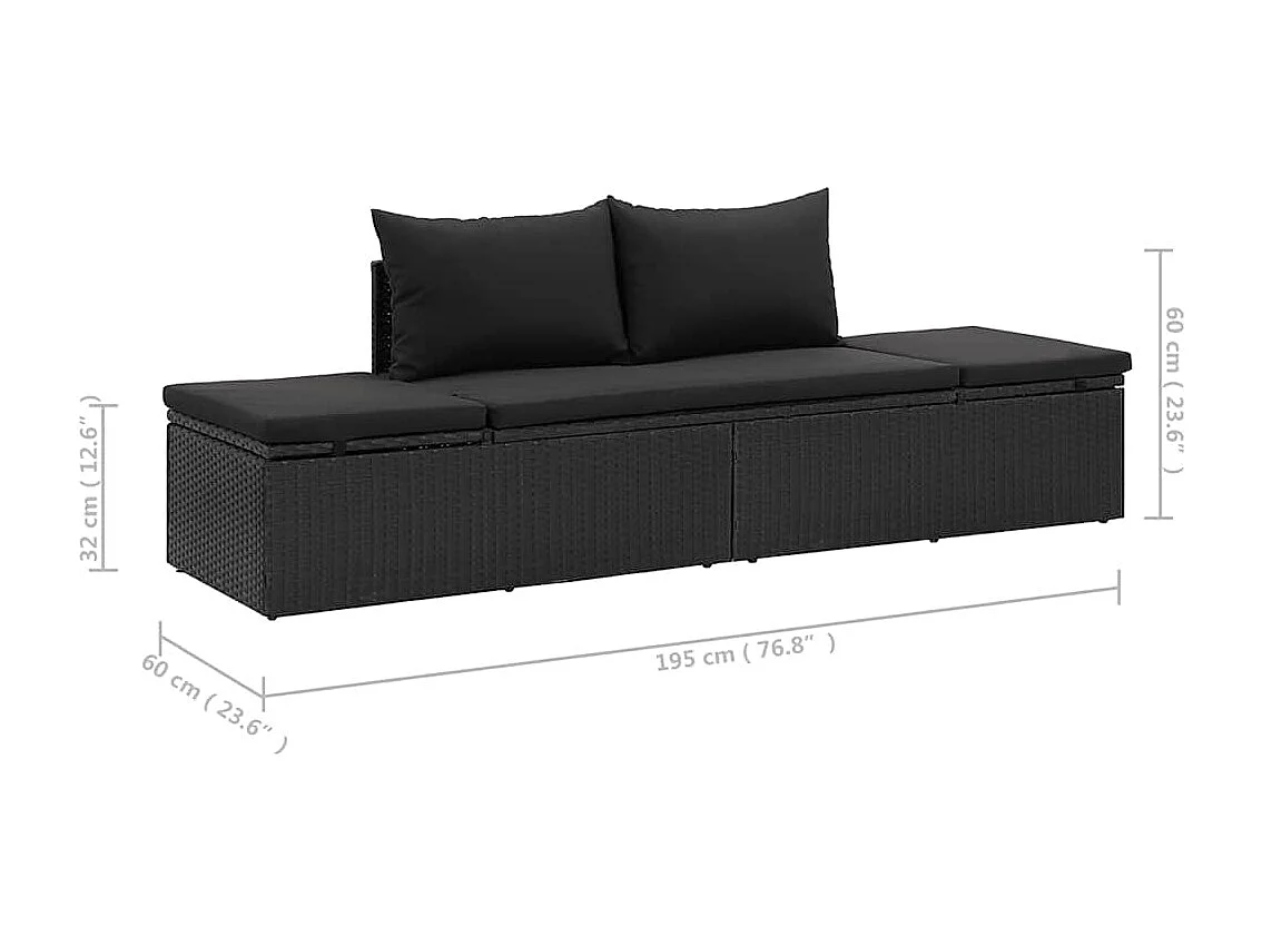 Lettino Prendisole con Cuscini in Polyrattan Nero