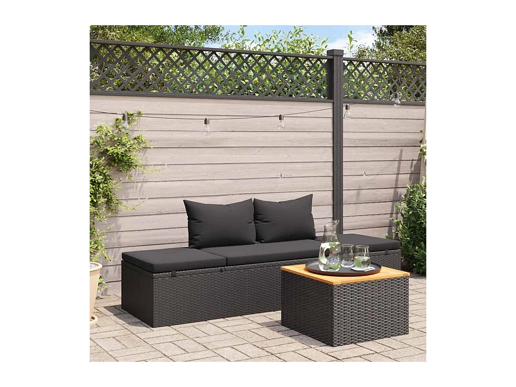 Chaise longue avec coussins Résine tressée Noir