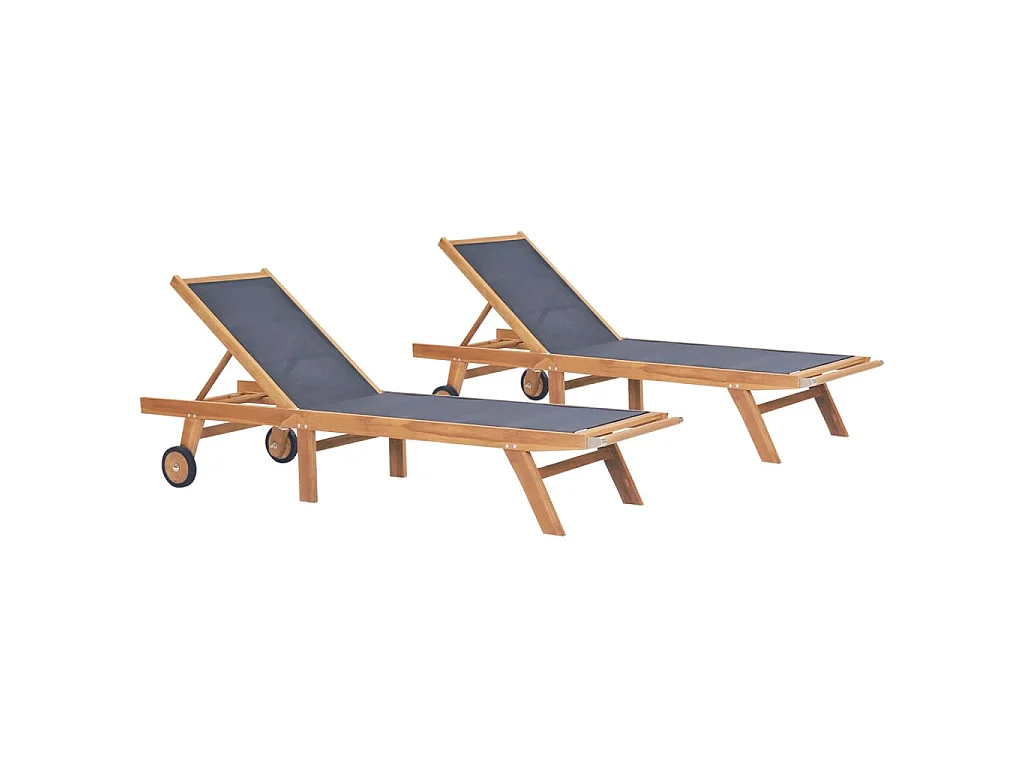 Espreguiçadeiras dobráveis c/ rodas 2 pcs teca maciça/textilene
