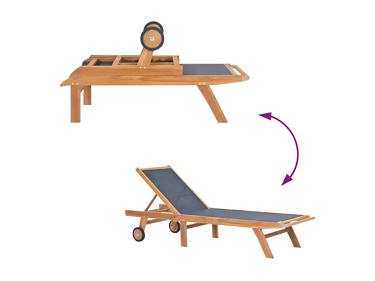 Chaise longue pliable avec roulettes Teck massif et textilène