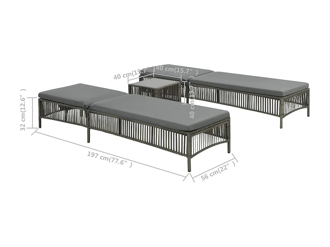 Ligbedden 2 st met tafel poly rattan grijs