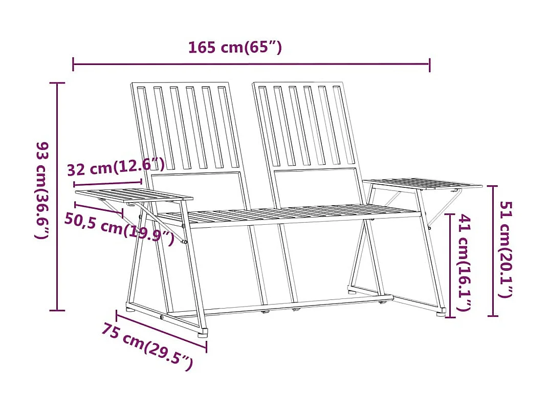 Tuinbank 2-zits 165 cm staal zwart