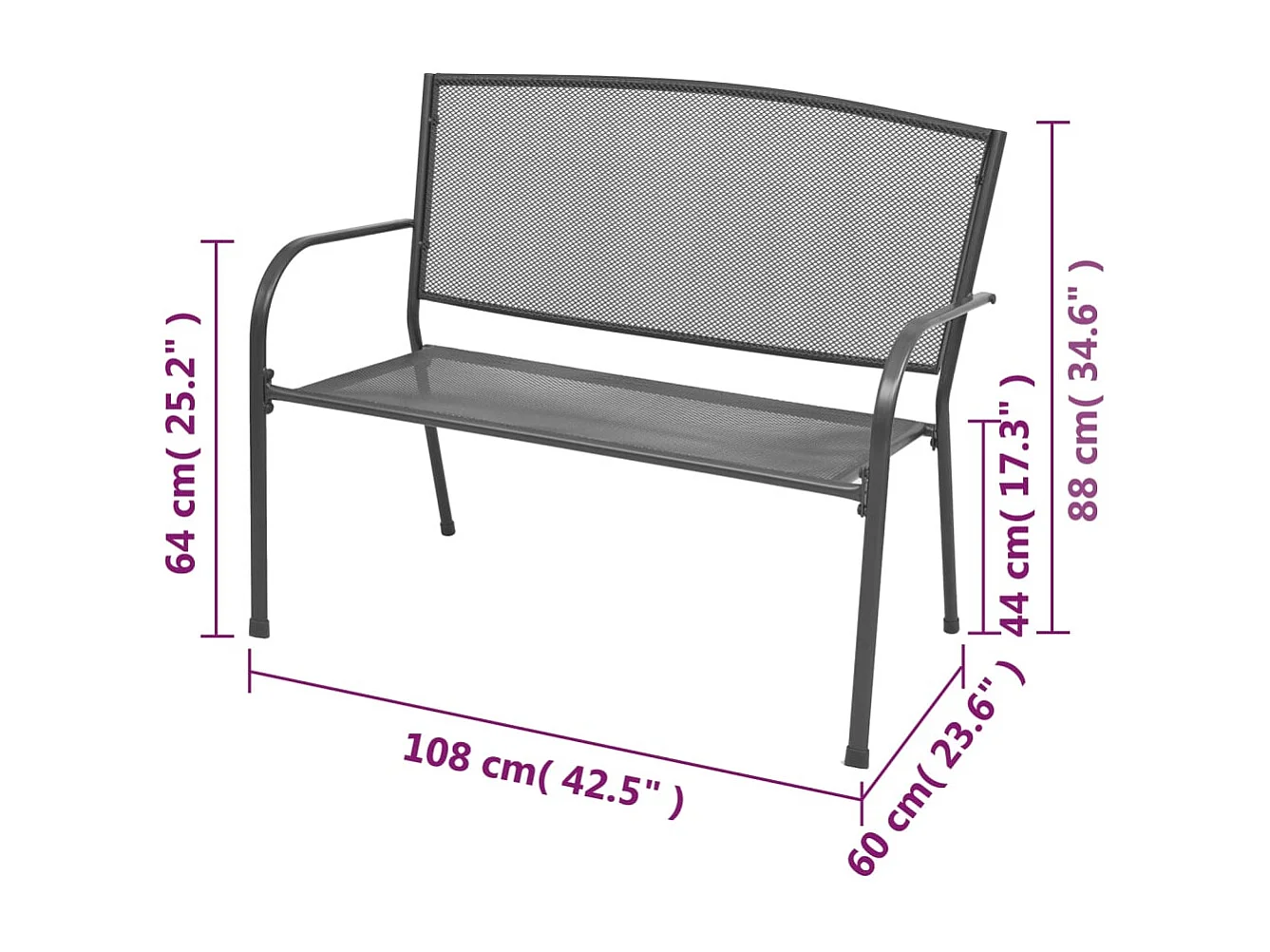 Banc de jardin 108 cm acier et maille anthracite