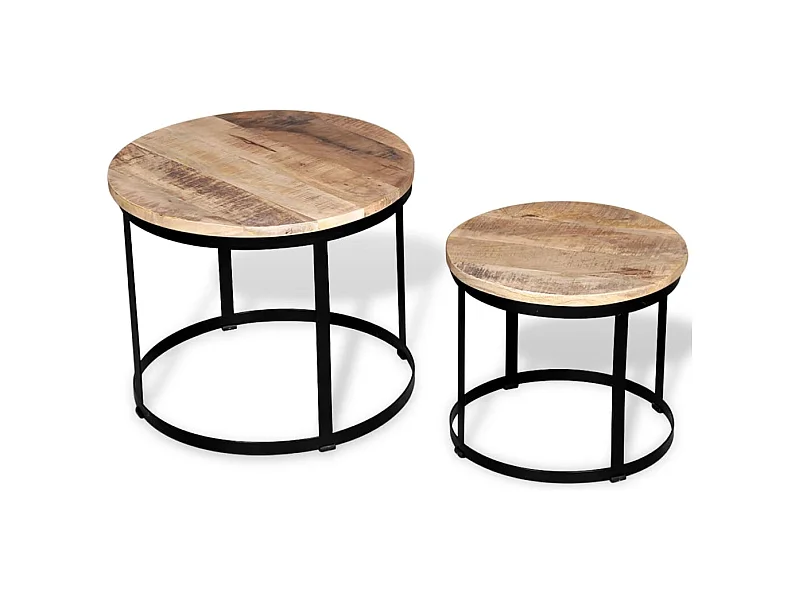 2-tlg. Couchtisch-Set Raues Mangoholz Rund 40cm/50cm