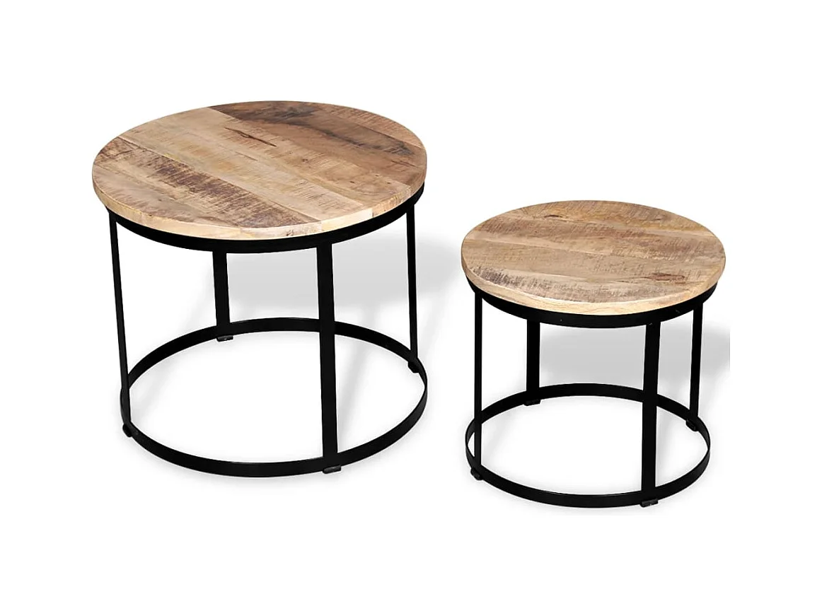 2-tlg. Couchtisch-Set Raues Mangoholz Rund 40cm/50cm
