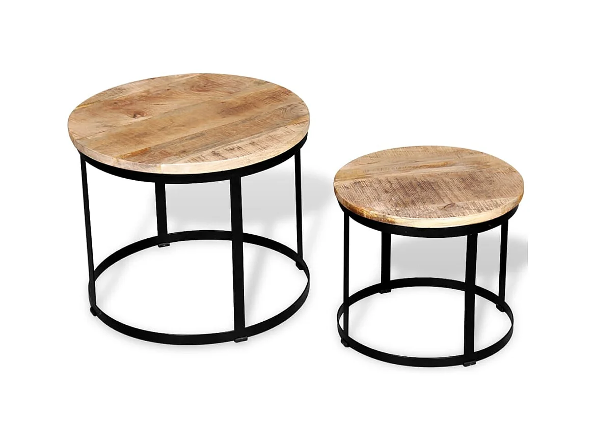 2-tlg. Couchtisch-Set Raues Mangoholz Rund 40cm/50cm