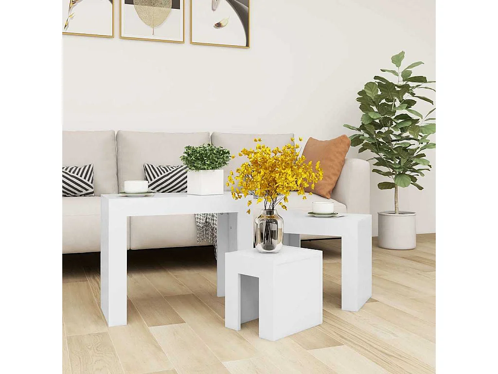 3-delige Tafeltjesset bewerkt hout wit