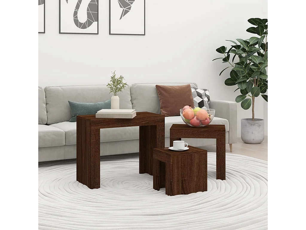 3-delige Tafeltjesset bewerkt hout bruin eikenkleur