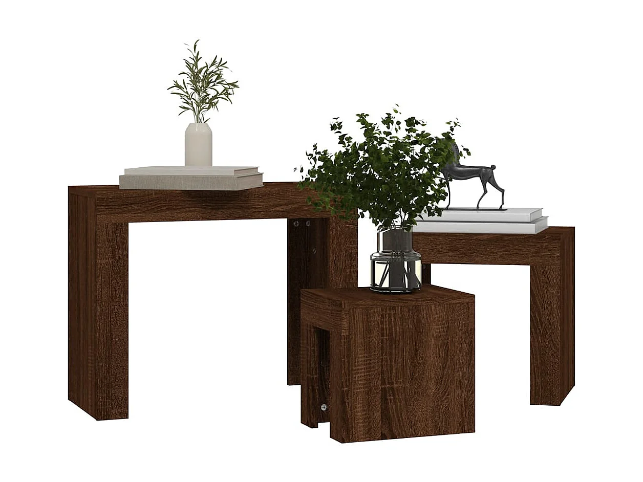 3-delige Tafeltjesset bewerkt hout bruin eikenkleur