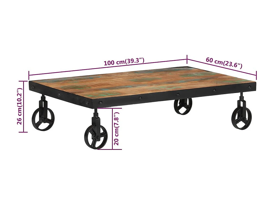 Salontafel met wielen 100x60x26 cm massief gerecycled hout