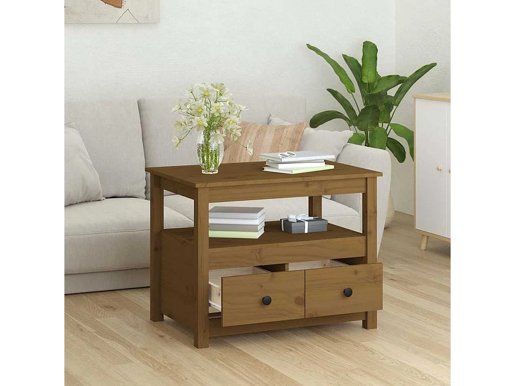 Mesa de centro de madera maciza de pino marrón miel 71x49x55 cm