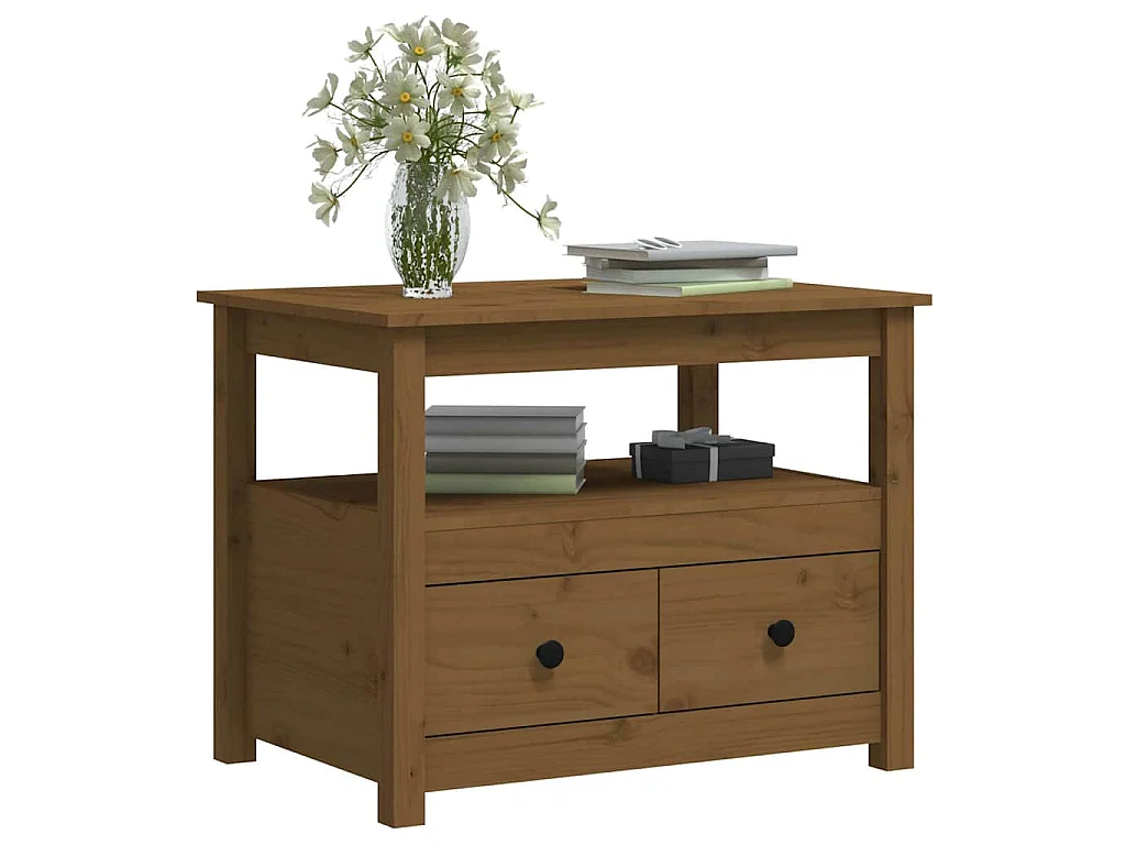 Mesa de centro de madera maciza de pino marrón miel 71x49x55 cm