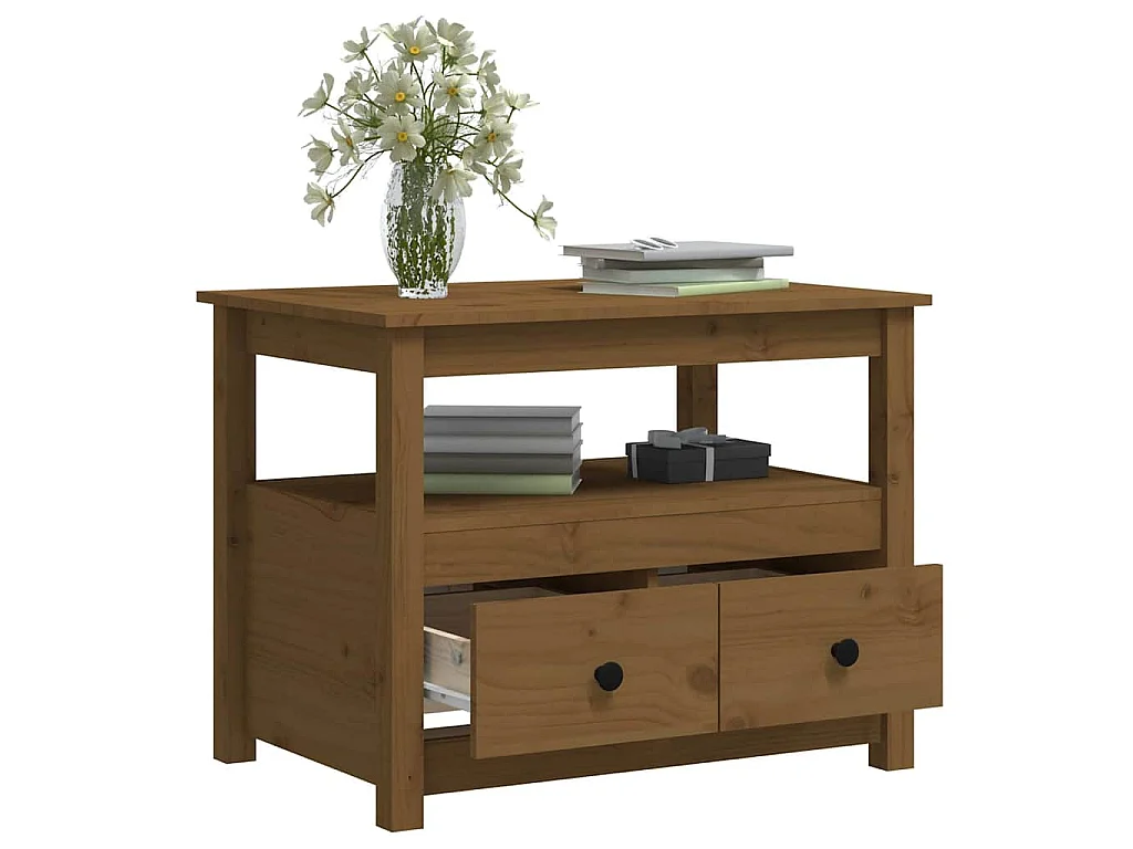 Mesa de centro de madera maciza de pino marrón miel 71x49x55 cm