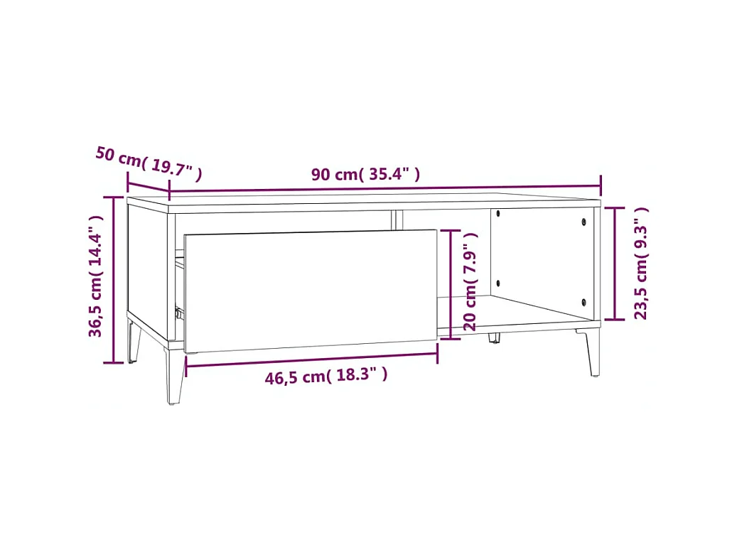 Mesa de centro madera contrachapada marrón roble 90x50x36,5 cm