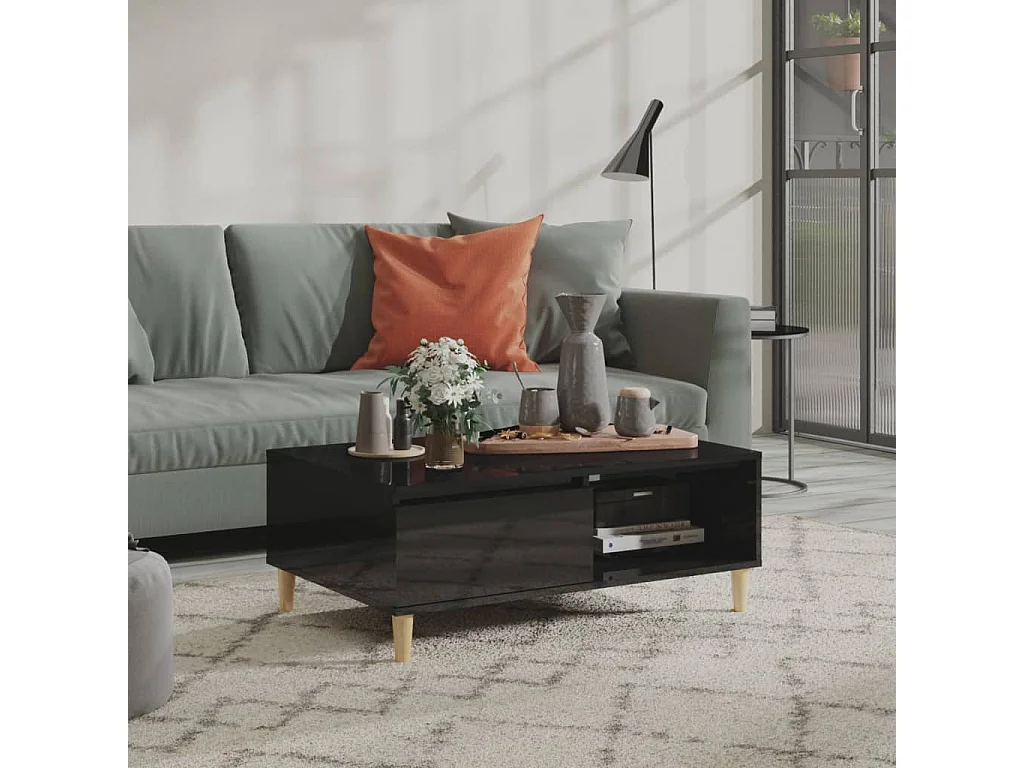 Table basse noir brillant 90x60x35 cm bois d'ingénierie