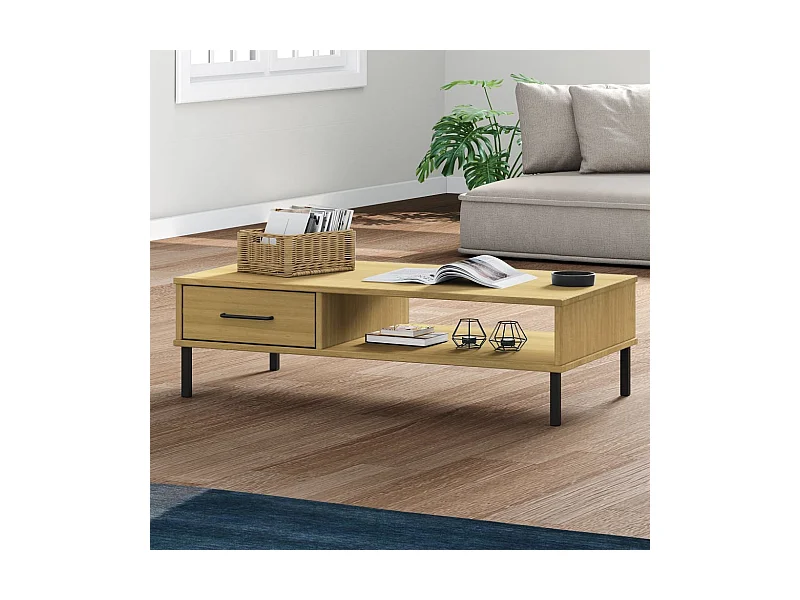 Couchtisch OSLO mit Metallbeinen Braun Massivholz Kiefer