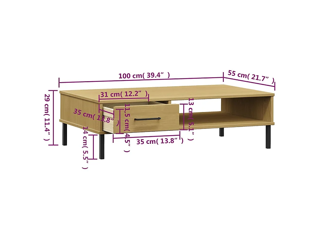 Table basse avec pieds en métal Marron Bois pin massif OSLO