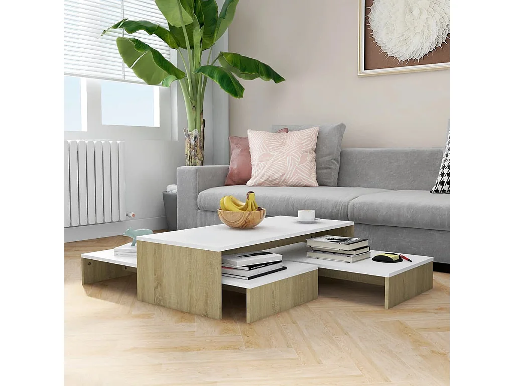 Ensemble de tables basses gigognes Blanc chêne 100x100x26,5 cm