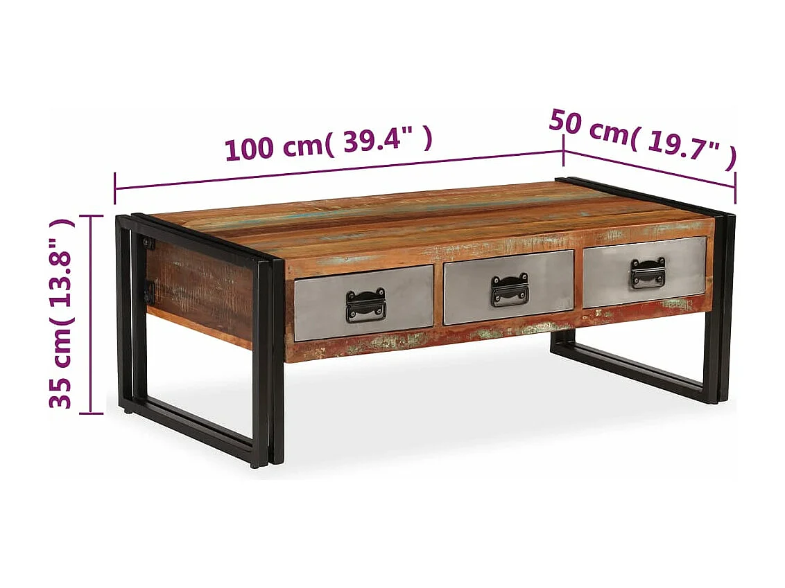 Couchtisch mit 3 Schubladen Altholz Massiv 100x50x35 cm