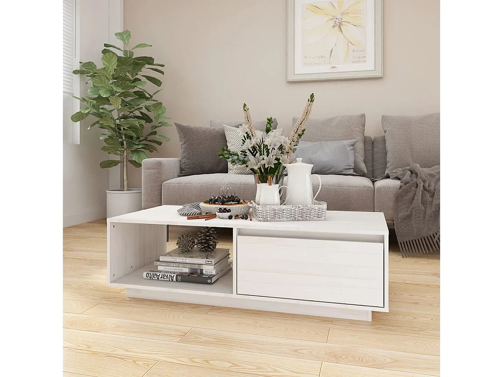 Table basse blanc 110x50x33,5 cm bois de pin massif