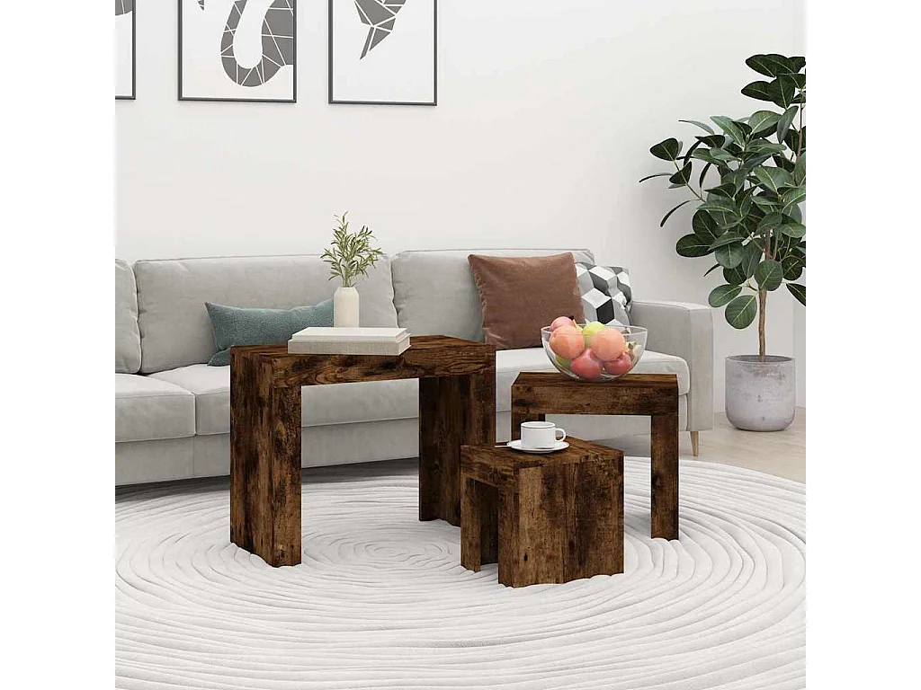 3-delige Tafeltjesset bewerkt hout gerookt eikenkleurig