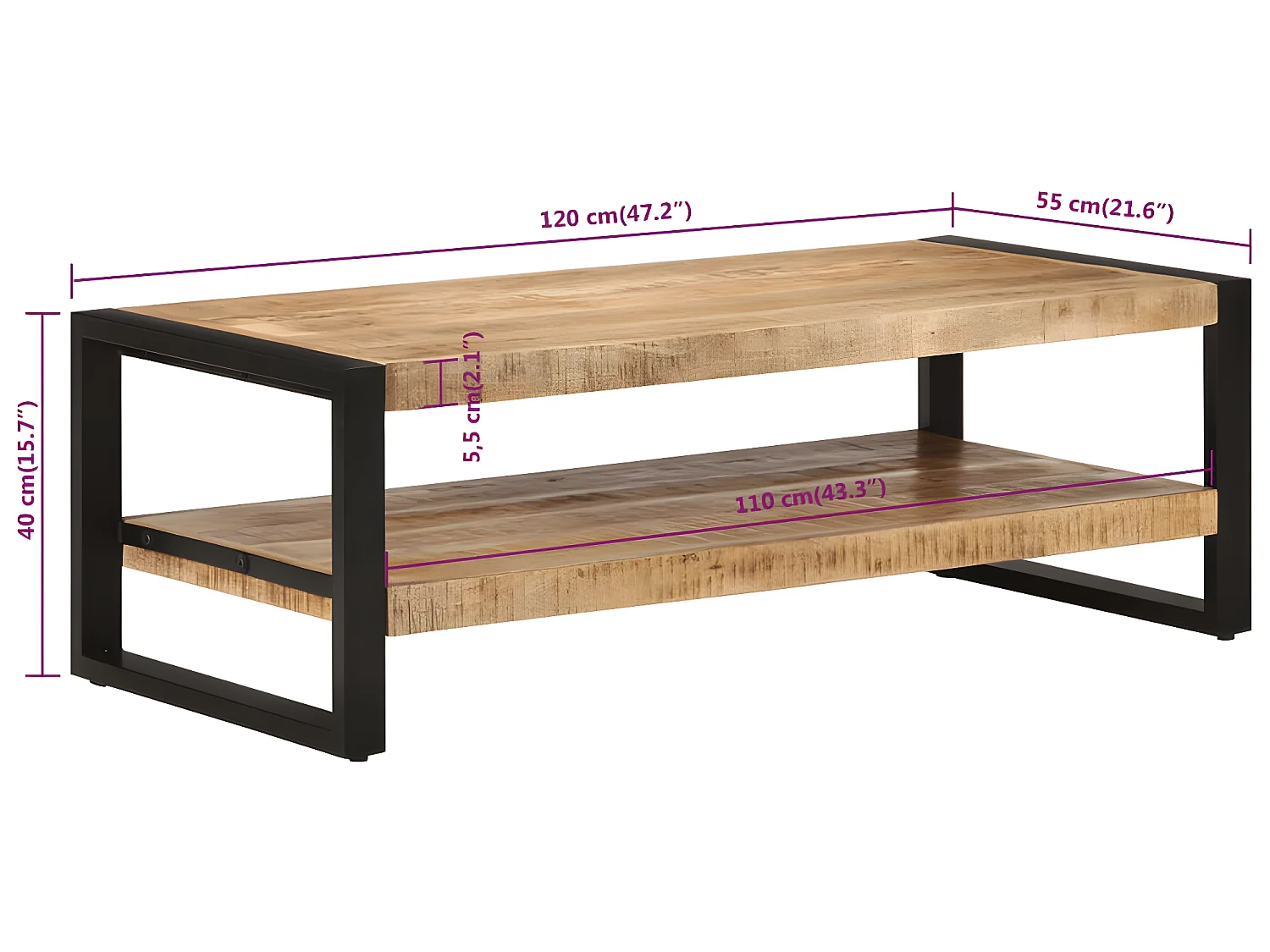 Tavolino da Salotto 120x55x40 cm in Legno Massello di Mango