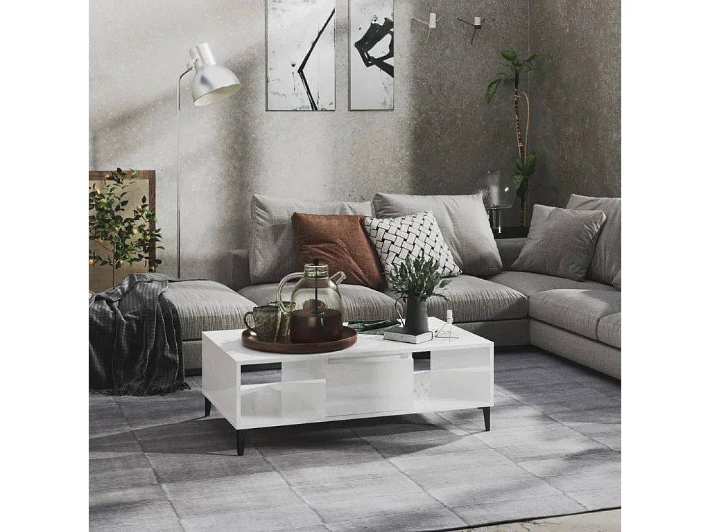 Table basse blanc brillant 103,5x60x35 cm bois d'ingénierie