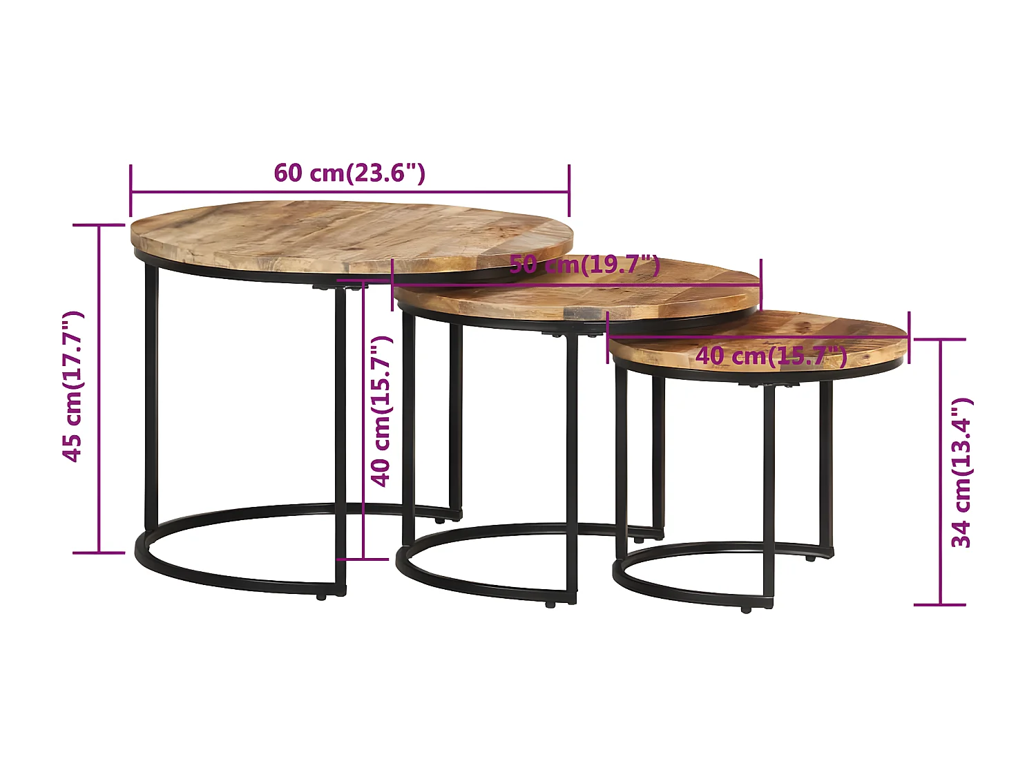 Satztische 3 Stk. Rohes Mangoholz