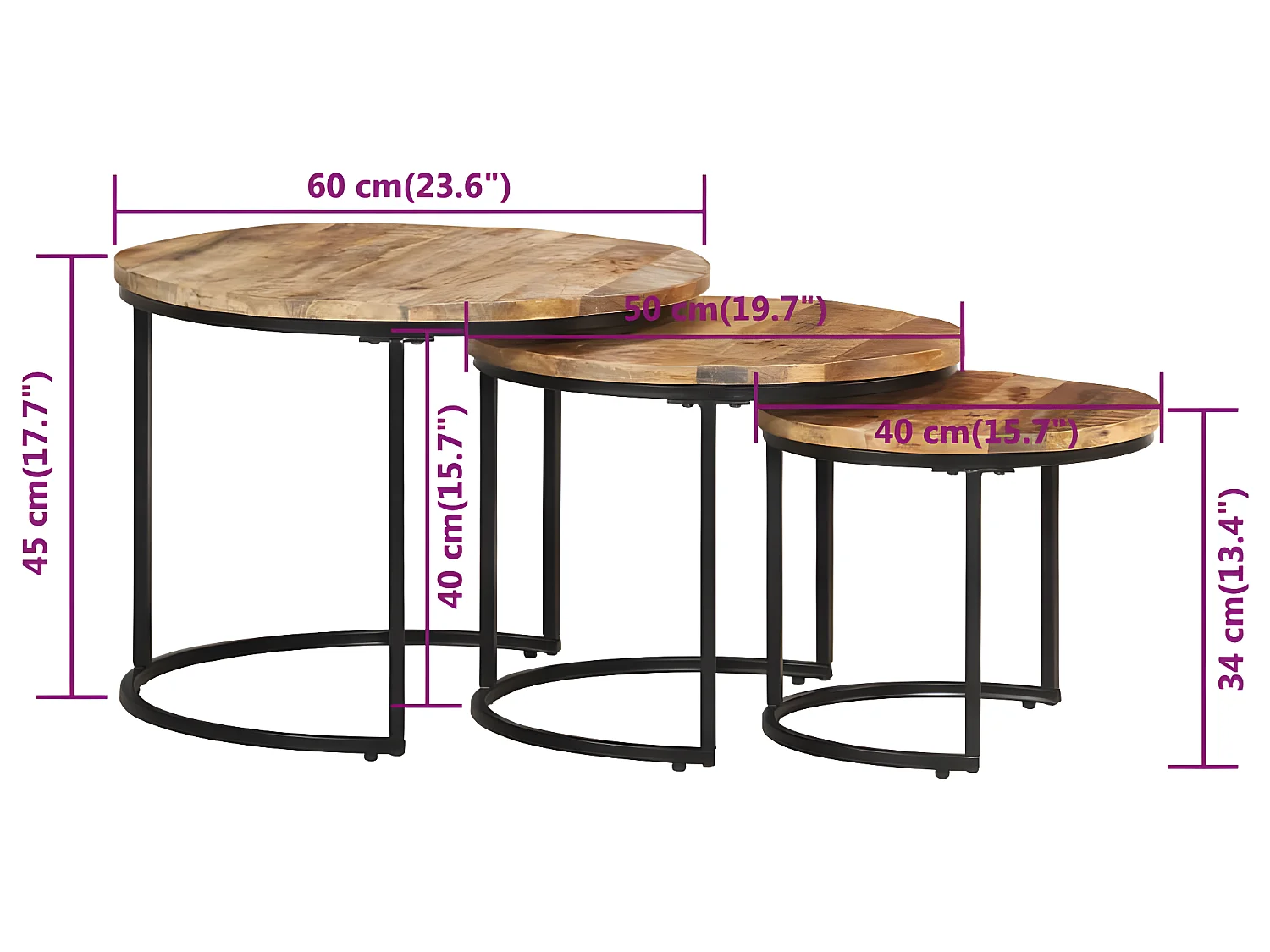 Satztische 3 Stk. Rohes Mangoholz