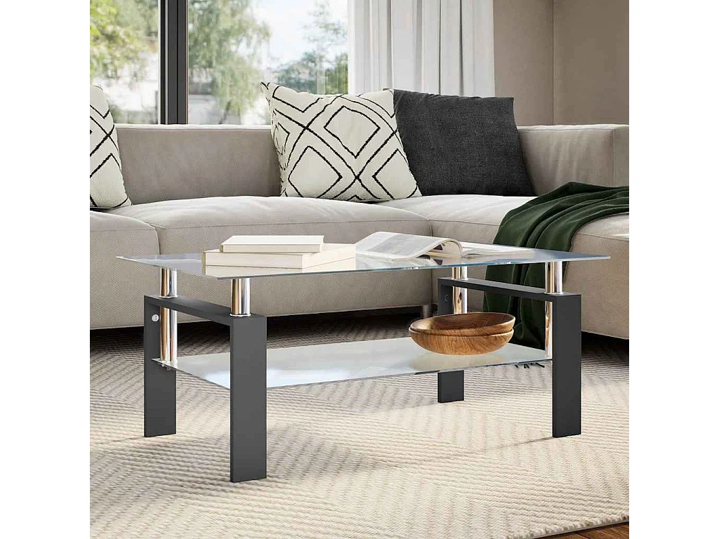 Tavolino Salotto Nero e Trasparente 95x55x40 cm Vetro Temperato