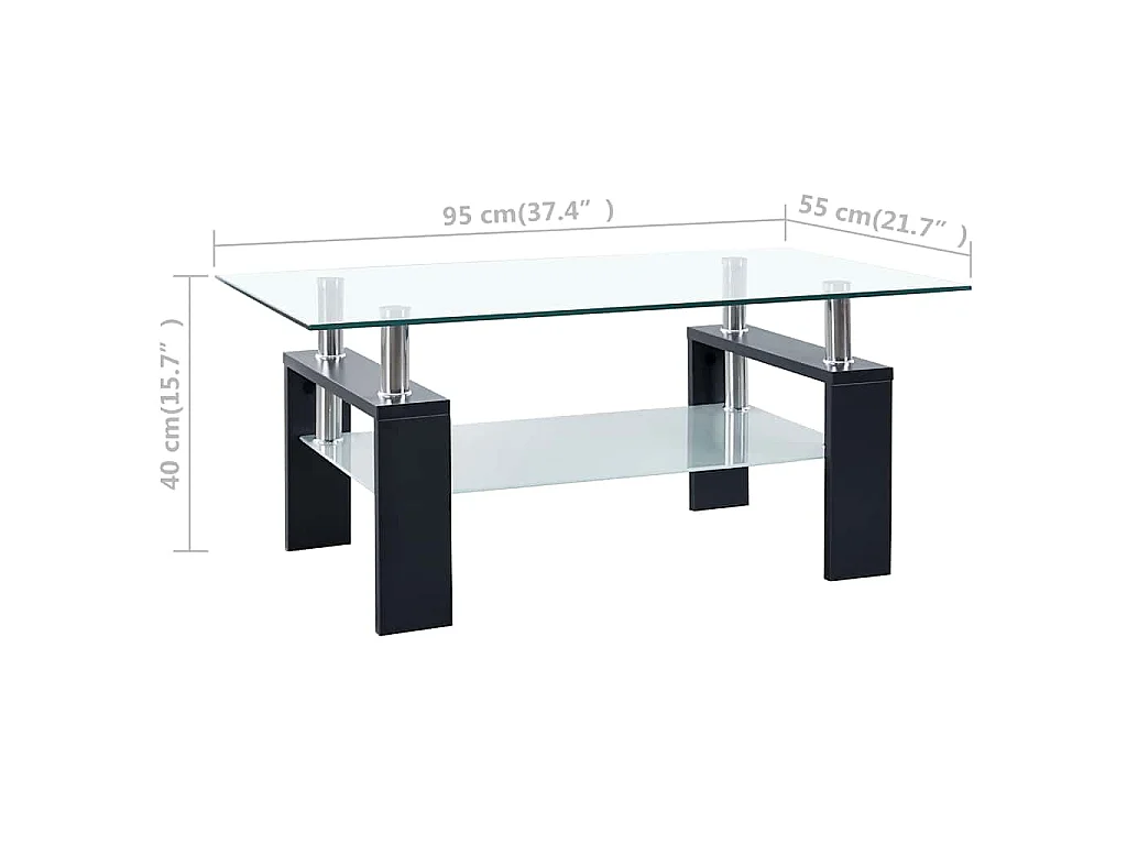 Tavolino Salotto Nero e Trasparente 95x55x40 cm Vetro Temperato