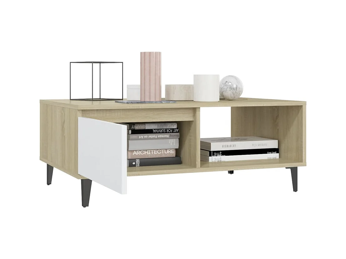 Salontafel 90x60x35 cm bewerkt hout wit en sonoma eikenkleurig