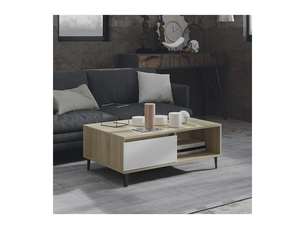 Table basse blanc et chêne sonoma 90x60x35 cm bois d'ingénierie