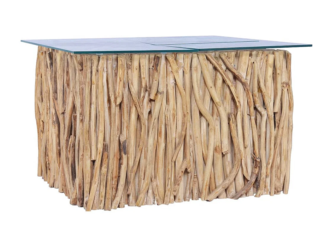 Salontafel met glazen blad 66x66x40 cm massief teakhout